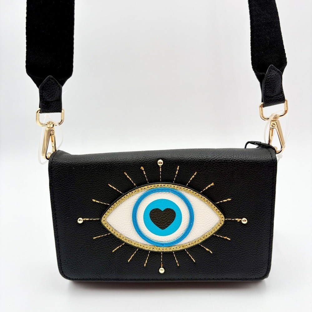 Betsey Johnson Crossbody Bag Evil Eye Heart Black Adjustable Strap Metaphysical